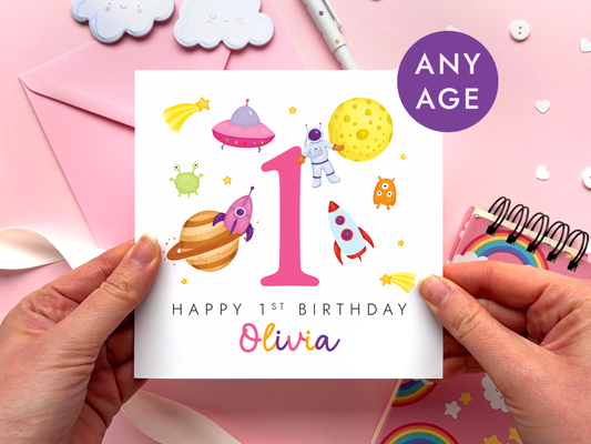 Personalised Space Any Age Birthday Card for Girl