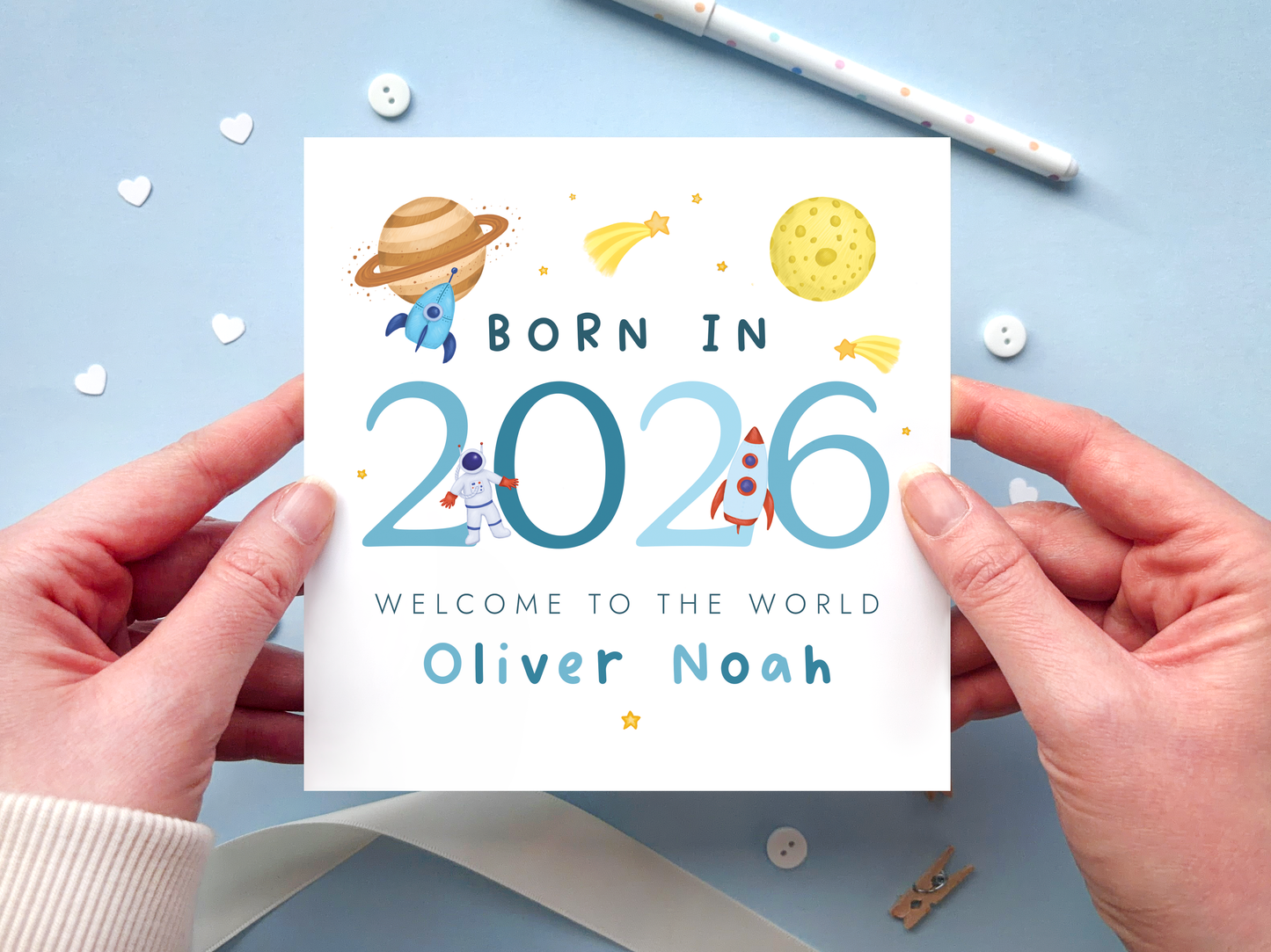 Personalised Space New Baby Card for Boy, Born in 2026, Welcome to the World