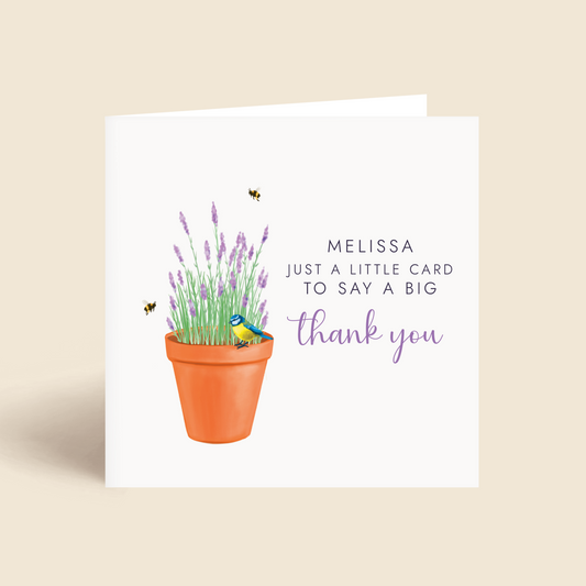 Personalised thank you card featuring a floral lavender design, ideal to thank friends, family, hospital staff, doctors and key workers. The wording reads 'Just a little card to say a big thank you'. It can be personalised with a name.