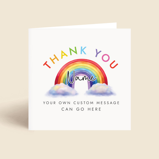 Personalised rainbow thank you card which can be customised with custom wording.