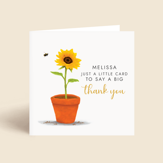 Personalised sunflower thank you card, a bright and cheerful way to show appreciation to friends, family, staff and keyworkers.