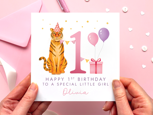 Personalised Tiger 1st Birthday Card for special Little Girl