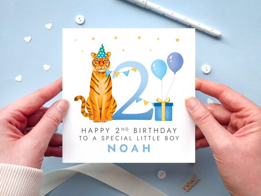 personalised tiger 2nd birthday card for a special little boy