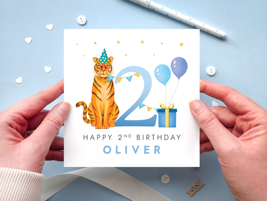 personalised tiger 2nd birthday card for boys
