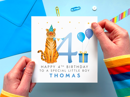 personalised tiger 4th birthday card for special little boy