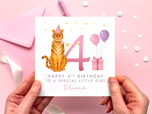 Personalised Tiger 4th Birthday Card for special Little Girl
