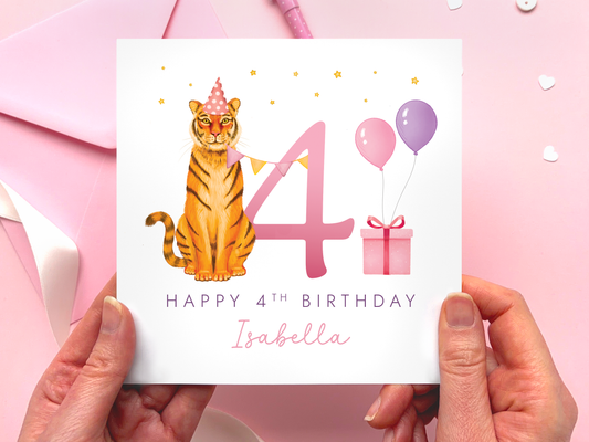 Personalised Tiger 4th Birthday Card for Girl