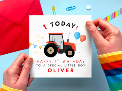 Personalised Red Tractor 1st Birthday Card for Boy