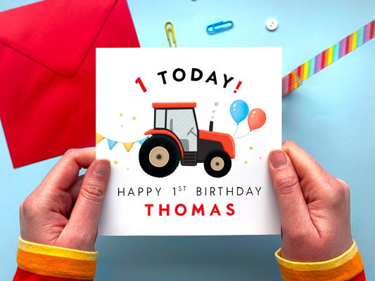 Personalised Red Tractor 1st Birthday Card for Boy