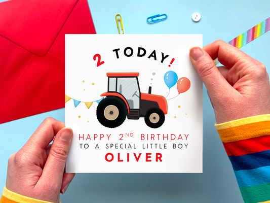 Personalised Red Tractor 2nd Birthday Card for Boy