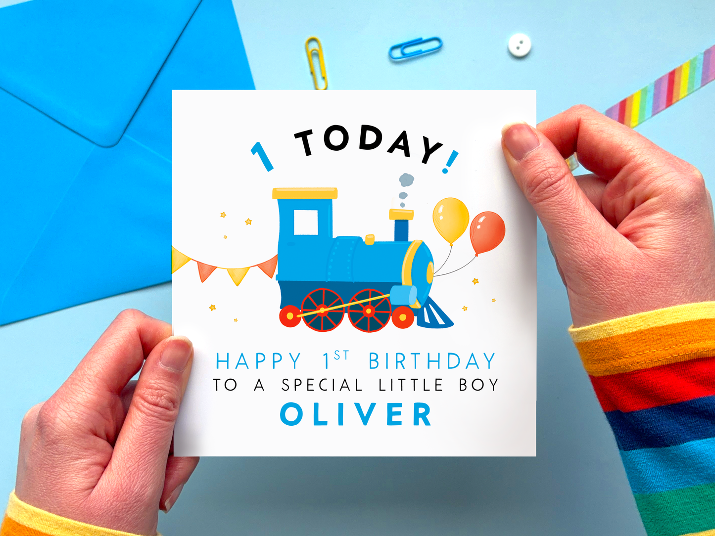 Personalised Blue Train 1st Birthday Card for special little boy