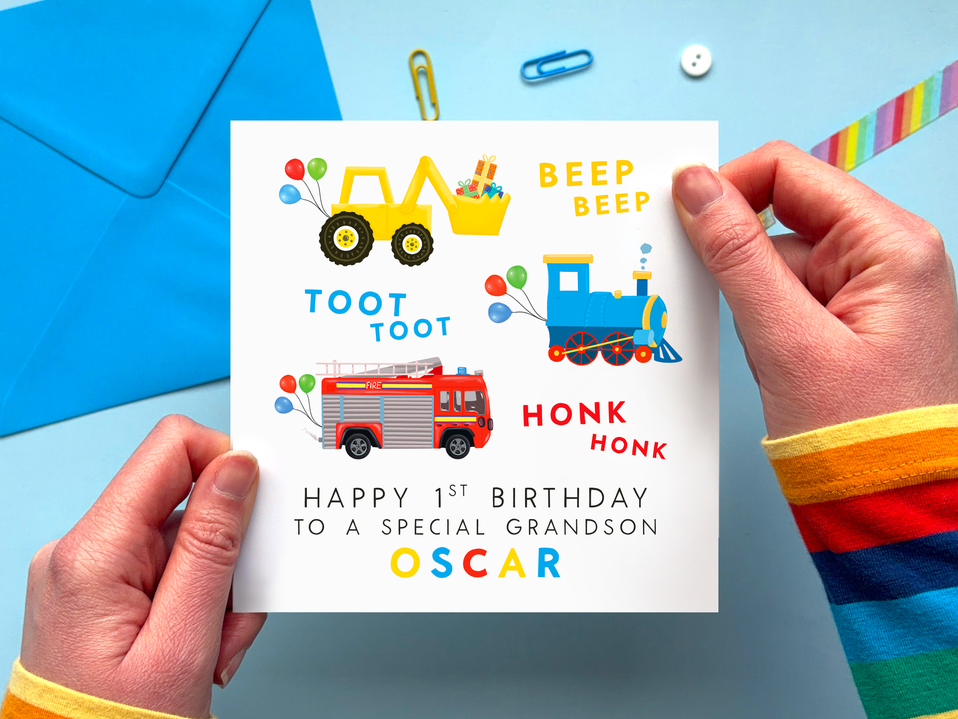 Personalised transport 1st birthday card with colourful vehicles for a special grandson