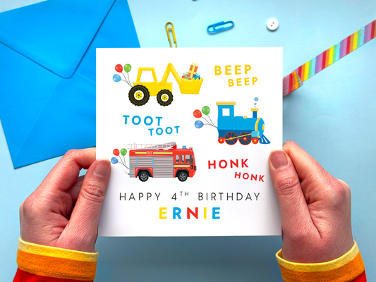 Personalised transport 4th birthday card for boys with digger, train and fire engine