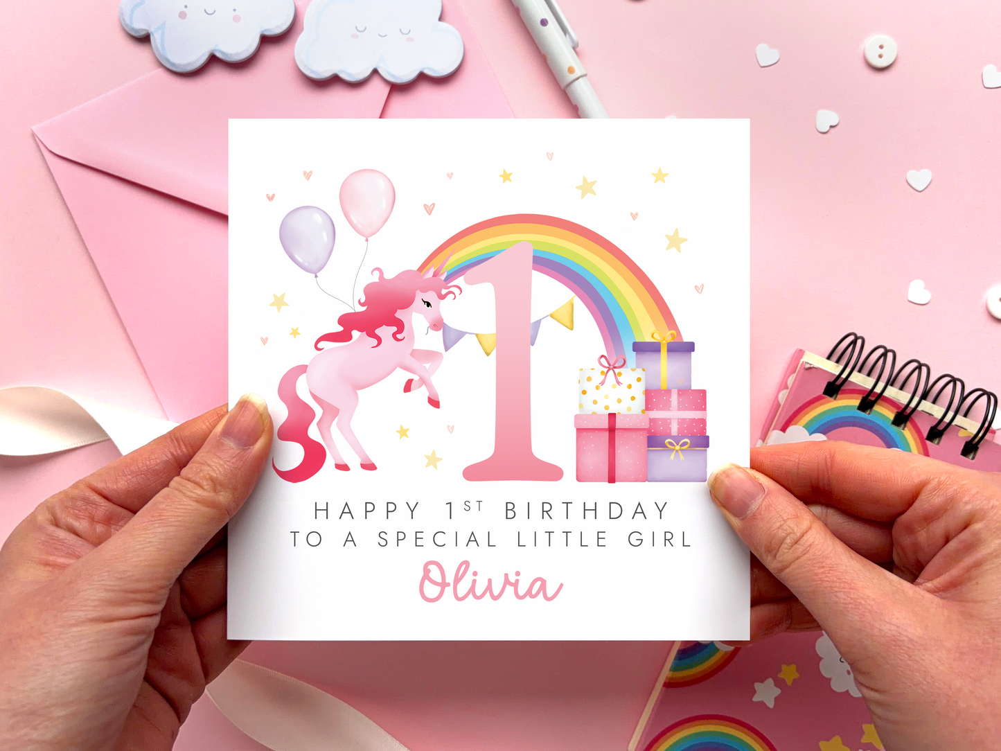 Personalised Unicorn Rainbow 1st Birthday Card for special Little Girl