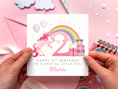 Personalised Unicorn Rainbow 2nd Birthday Card for special Little Girl