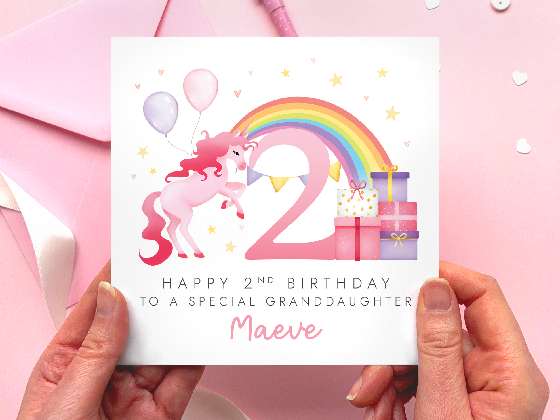 Personalised Unicorn Rainbow 2nd Birthday Card for special Granddaughter