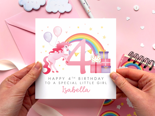 Personalised Unicorn 4th Birthday Card to a special Little Girl