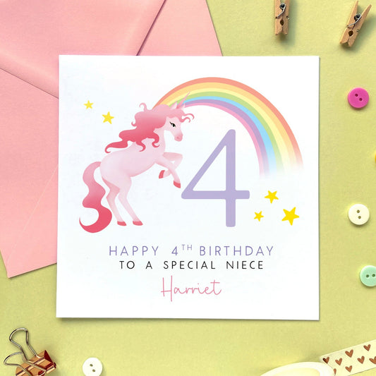 personalised unicorn 4th birthday card for girl - for granddaughter, daughter, niece, sister, little girl, baby, children, kids - rainbow, cute, pink, special, handmade - fourth birthday card for her, 4th birthday card for niece