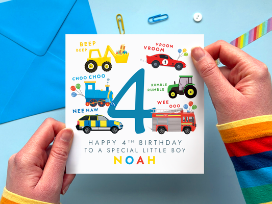 personalised 4th birthday card for special little boy with colourful vehicles around the number 4