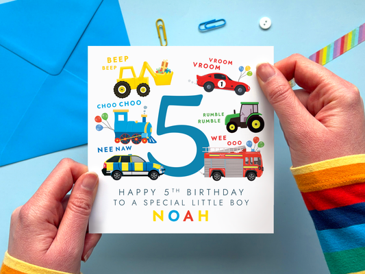 personalised 5th birthday card for special little boy with colourful vehicles around the number 5