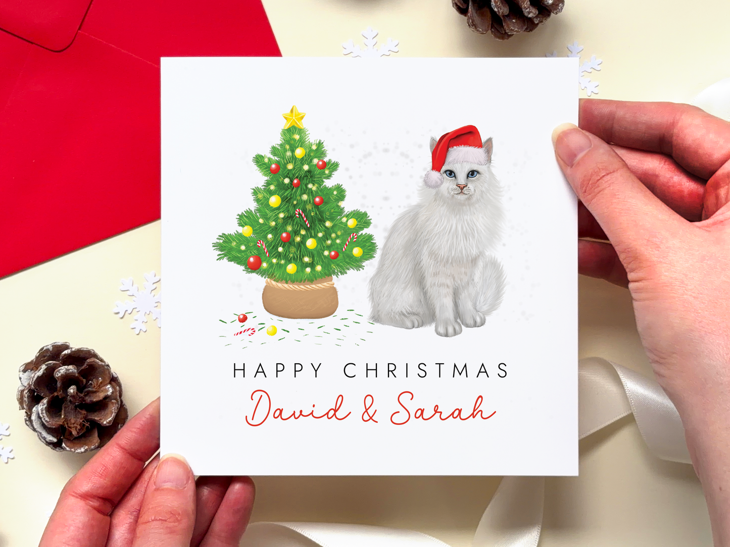 Personalised White Cat Christmas Card