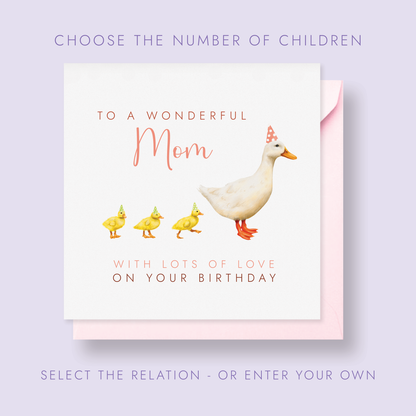 Birthday card for a wonderful mom with a white duck and 2 ducklings 
