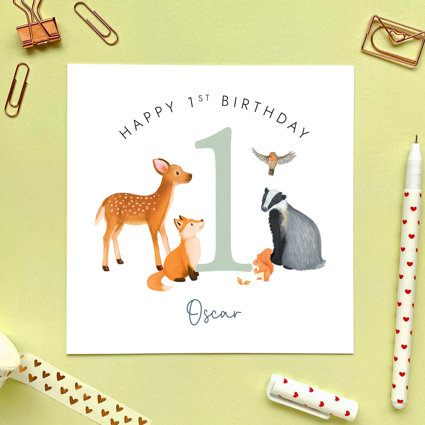 Personalised Woodland Animals 1st Birthday Card for Boy