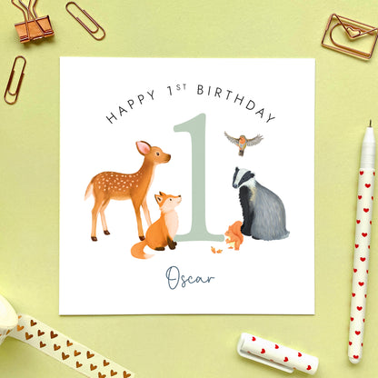 Personalised Woodland Animals 1st Birthday Card for Boy