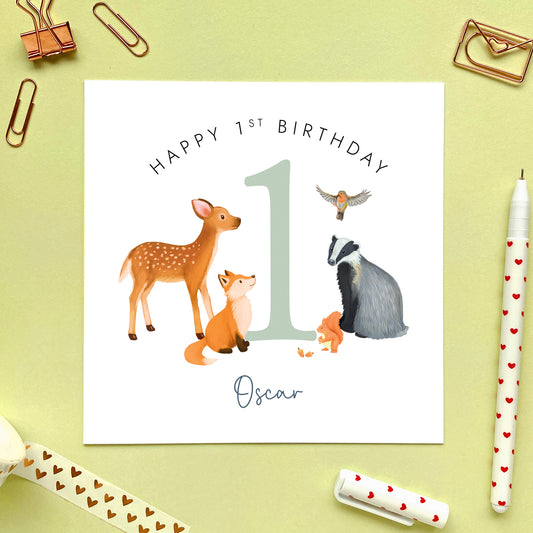 Personalised Woodland Animals 1st Birthday Card for Boy