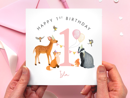 Personalised Woodland Animals 1st Birthday Card for Girl