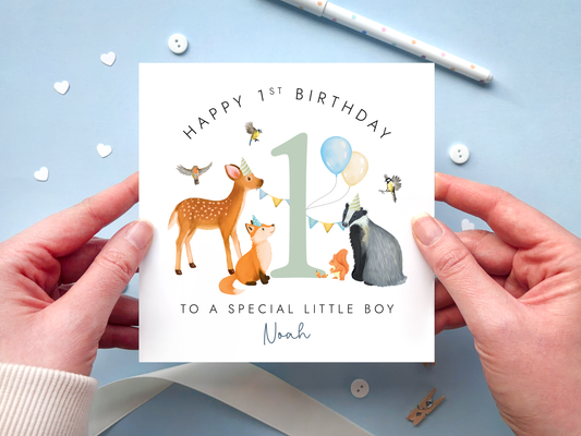 Personalised Woodland Animals 1st Birthday Card for Boy, deer, fox, red squirrel, badger and british garden birds all around the number 1