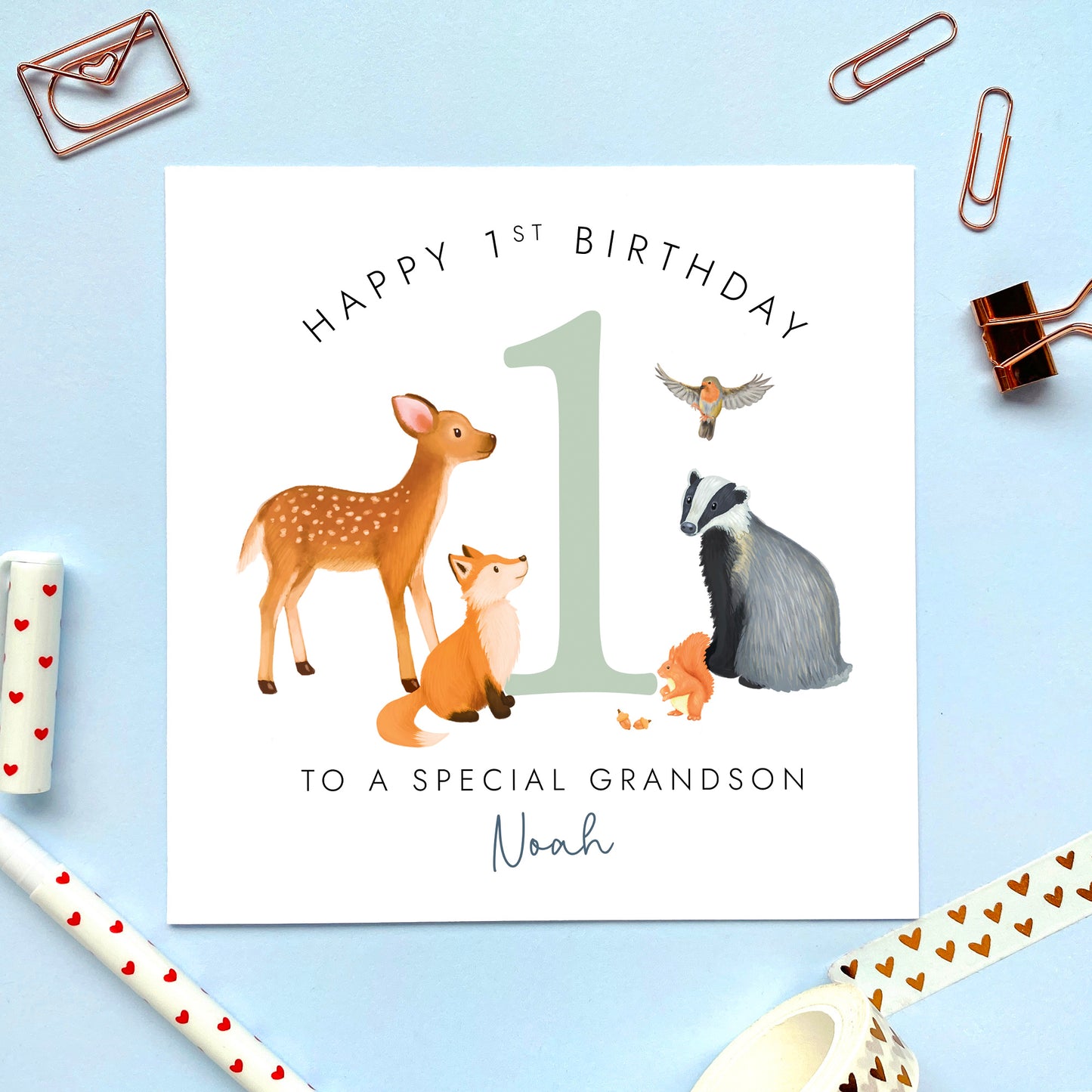 Personalised Woodland Animals 1st Birthday Card for Boy
