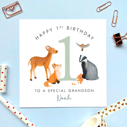 Personalised Woodland Animals 1st Birthday Card for Boy