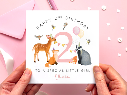 Personalised Happy 2nd birthday card for a special little girl, with woodland animals around the number 2