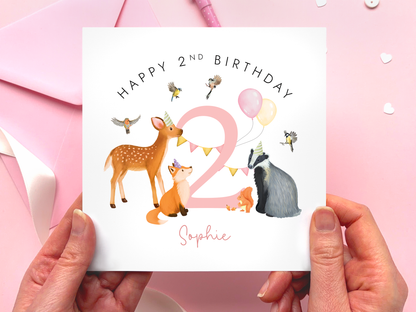 Personalised Happy 2nd birthday card for girls, with woodland animals around the number 2