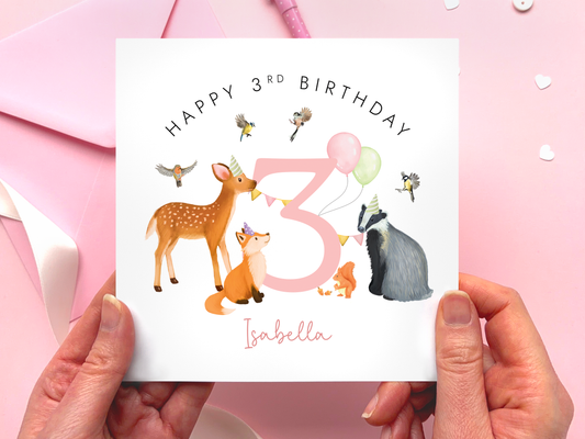 Personalised Woodland Animals 3rd Birthday Card for Girl