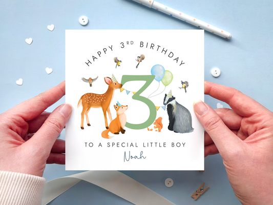 Personalised Happy 3rd birthday card with woodland animals and number 3