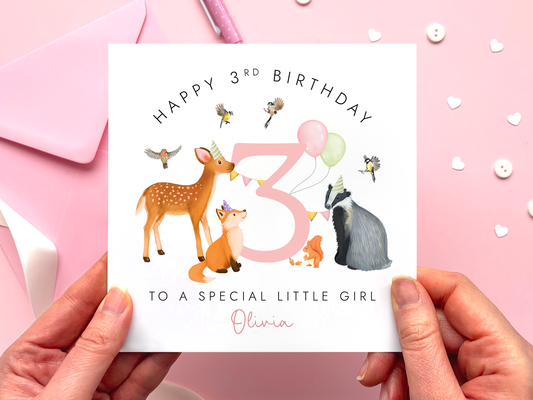 Personalised Woodland Animals 3rd Birthday Card for Girl