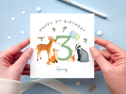 Personalised Happy 3rd Birthday card with forest animals and number 3