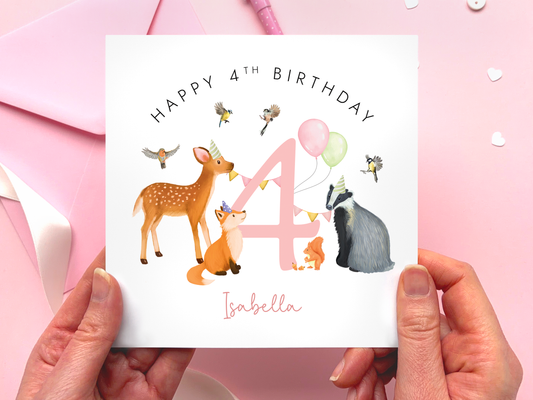 Personalised Woodland Animals 4th Birthday Card for Girl
