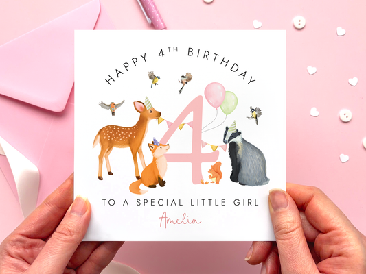 Personalised Woodland Animals 4th Birthday Card for Girl