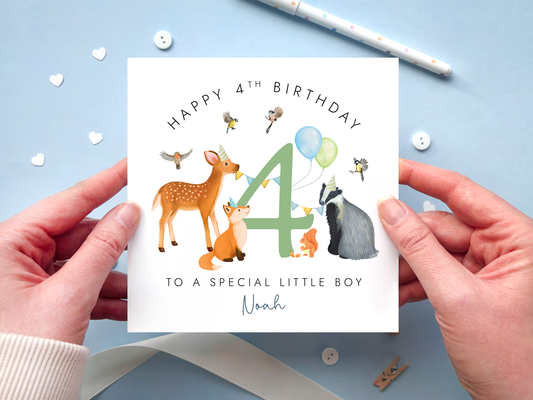 Personalised happy 4th Birthday card with woodland animals around the number 4, for special little boy