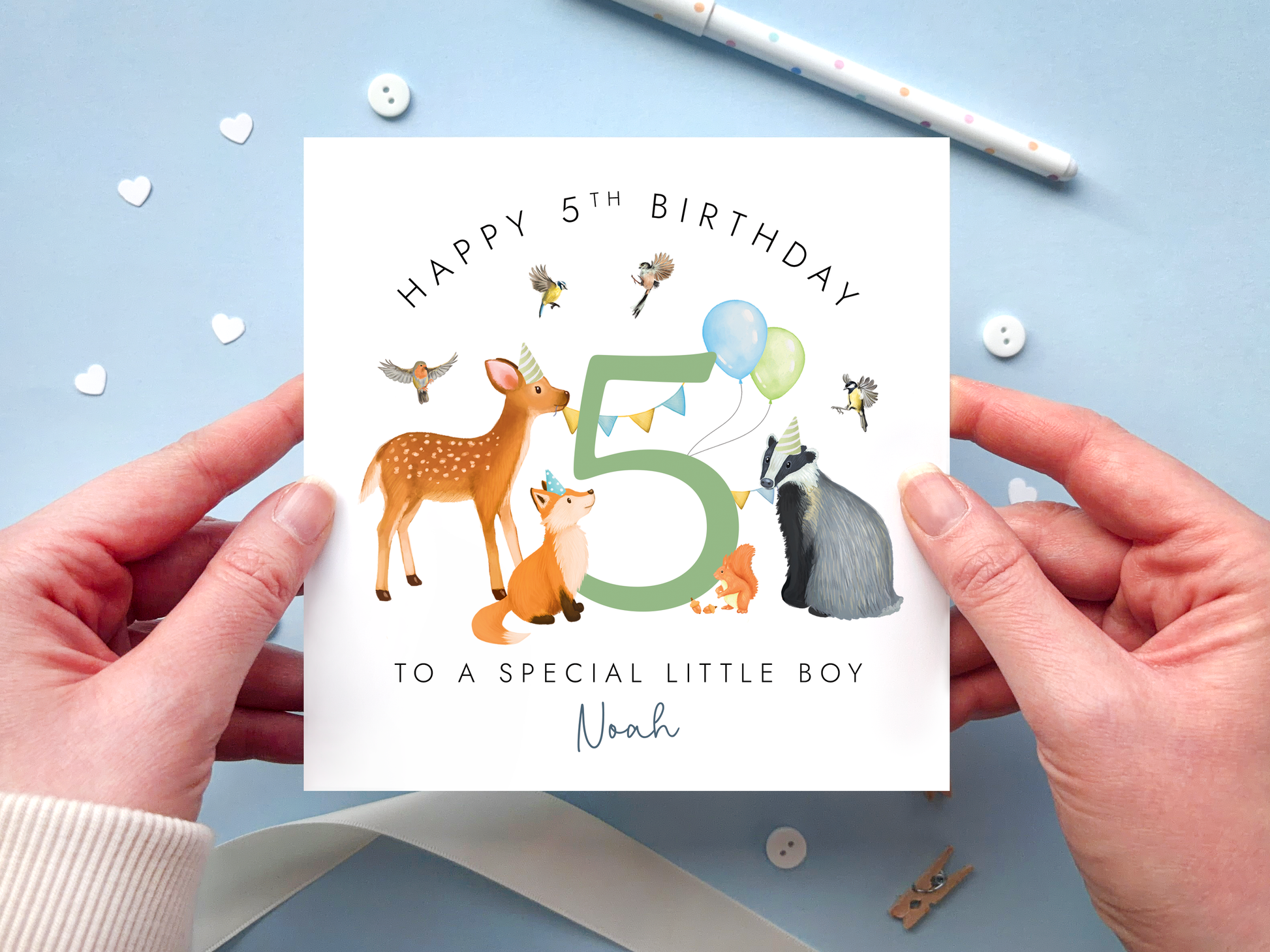 Personalised happy 5th birthday card for little boy, with woodland animals around the number 5