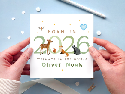 Personalised Woodland Animals New Baby Boy Card, welcome to the world, born in 2026