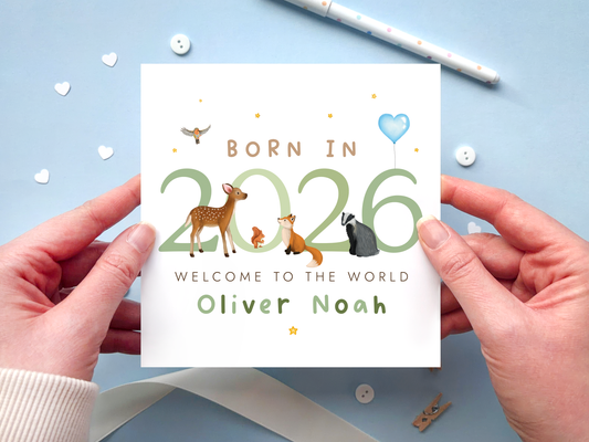 Personalised Woodland Animals New Baby Boy Card, welcome to the world, born in 2026