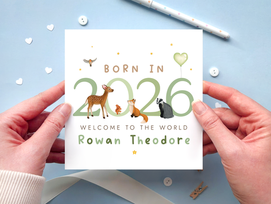 Personalised Woodland Animals New Baby Card, welcome to the world, born in 2026