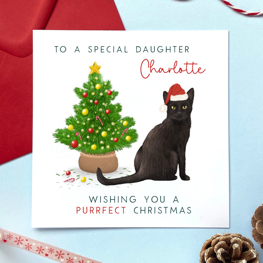 Personalised Black Cat Christmas Card Lilac Kitten Designs