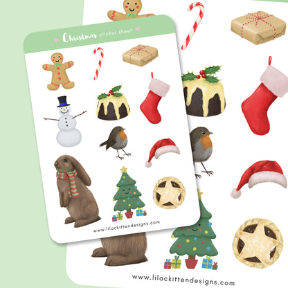 traditional festive christmas stickers sticker sheet robin mince pie santa stocking pudding present gingerbread snowman