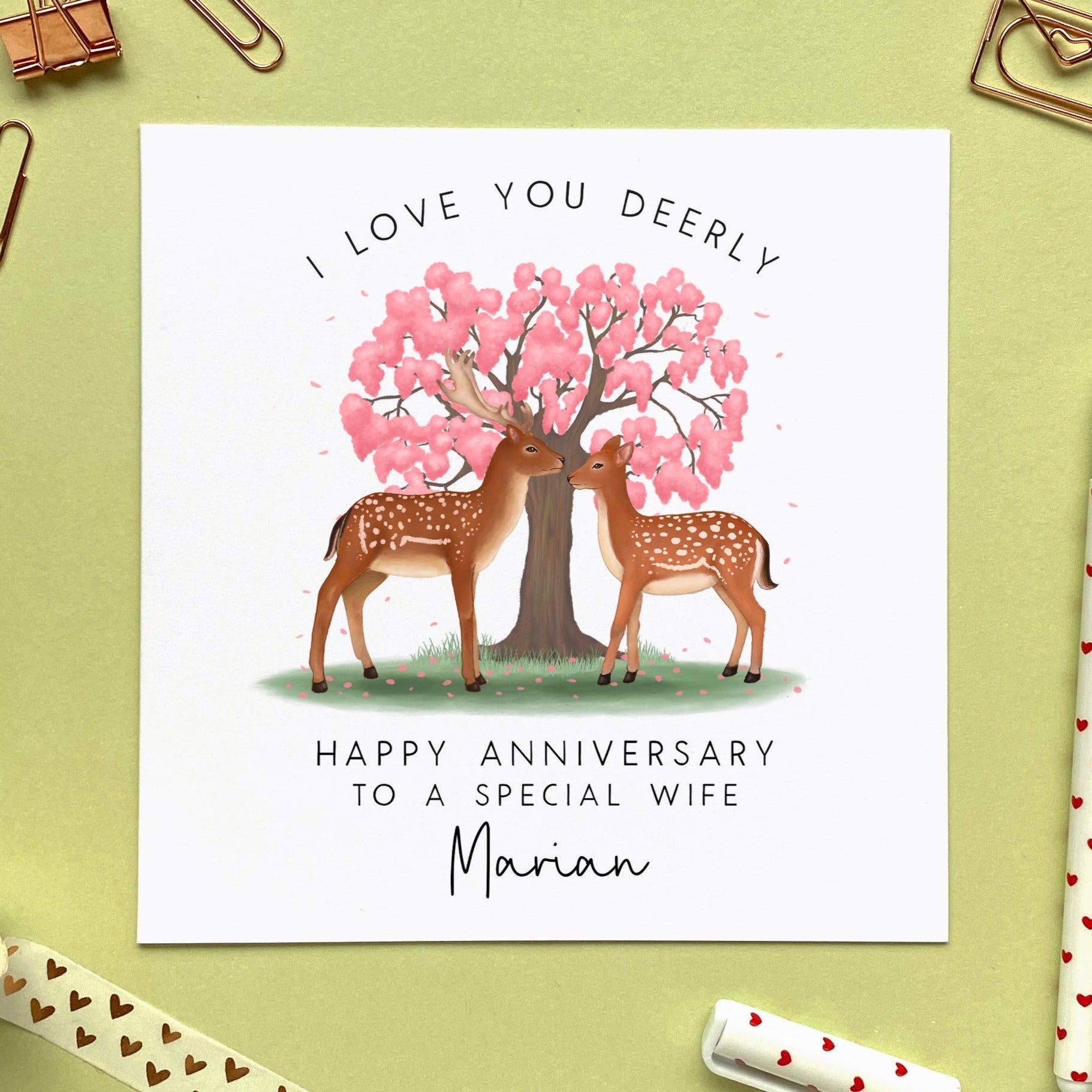 personalised deer anniversary card - for him, her, husband, wife, fiance, fiancee, partner, boyfriend, girlfriend - special, romantic, cute, animal, I love you deerly, funny, pun
