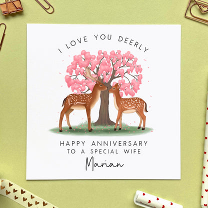 personalised deer anniversary card - for him, her, husband, wife, fiance, fiancee, partner, boyfriend, girlfriend - special, romantic, cute, animal, I love you deerly, funny, pun